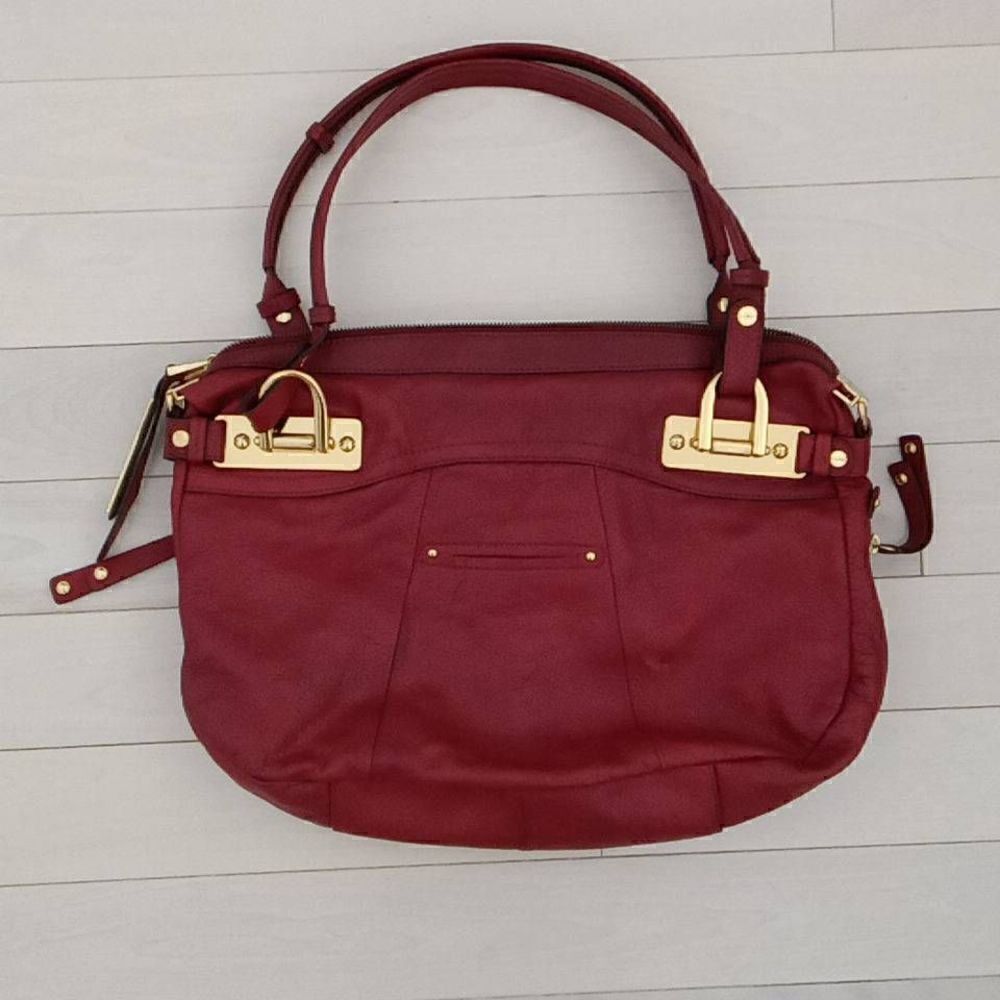 B. Makowsky Women's Leather Multiple Pockets Gold-tone Hardware Shoulder Bag Red